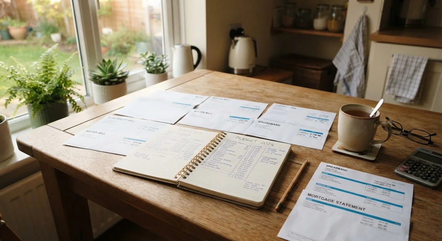 Kitchen table with a notebook and household bills laid out for budgeting