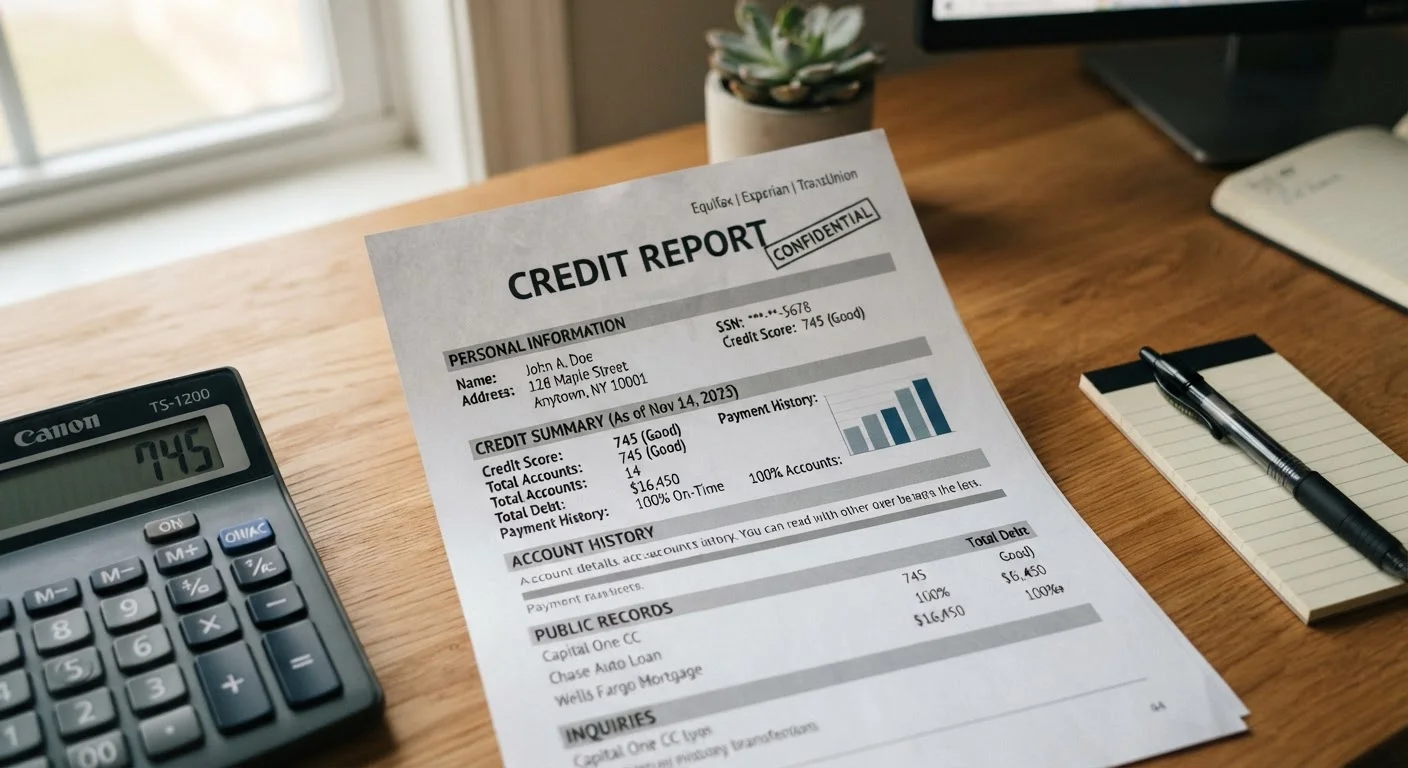 A printed credit report on a desk next to a calculator and pen in natural light
