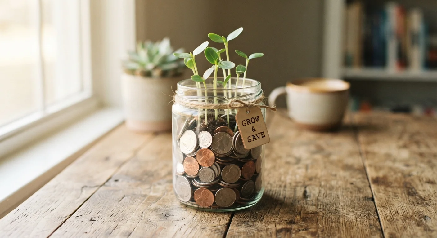 Glass jar filled with coins with small green plants growing from the top, symbolising savings growth