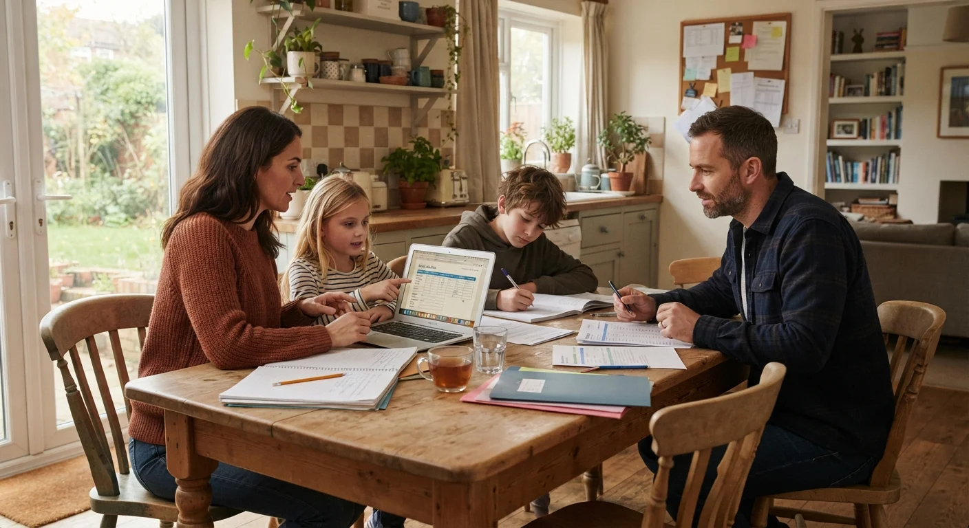 A family reviewing household financial documents together at a kitchen table with a laptop