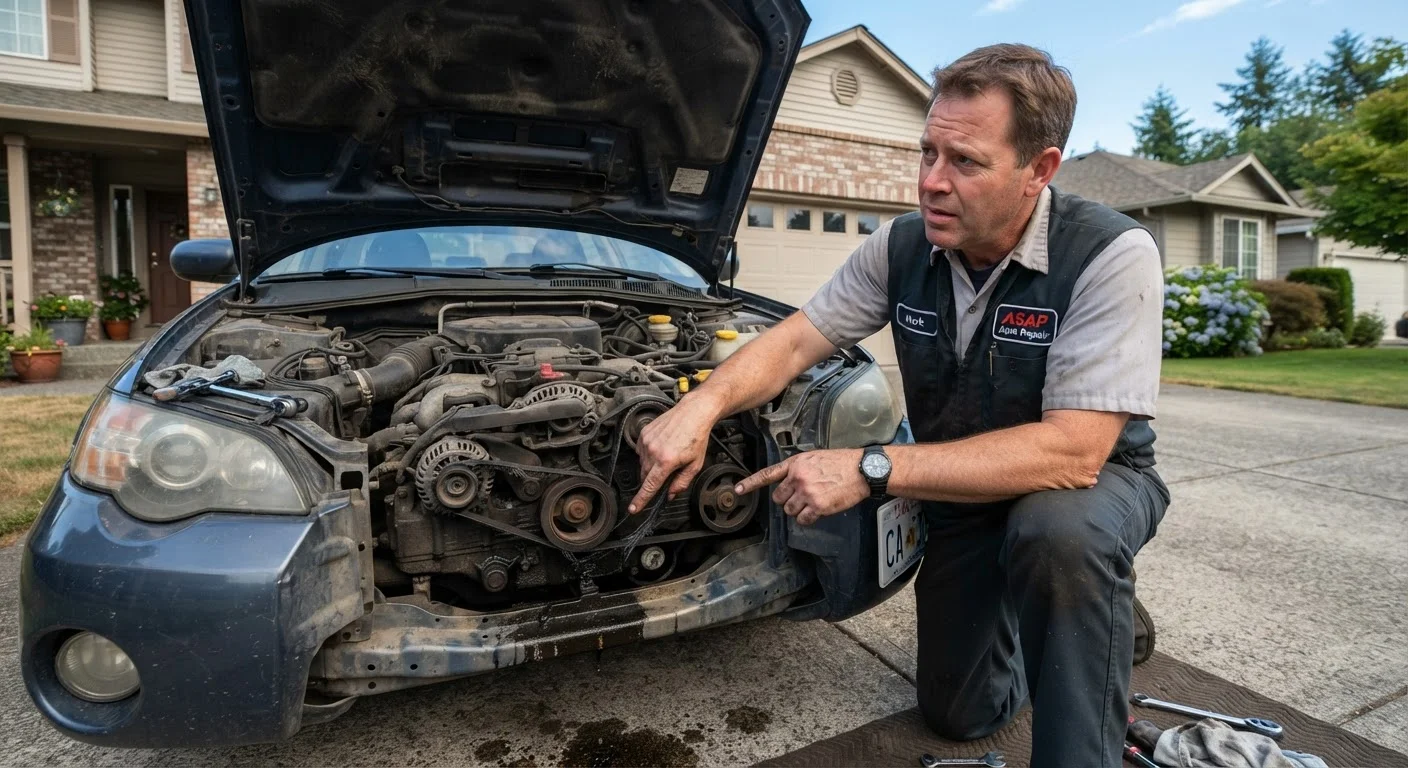Mechanic inspecting a small fluid leak and worn belt under an open car hood in a driveway